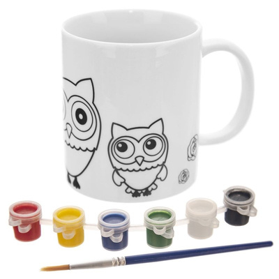 Becher zum Bemalen Bastelbecher Basteltasse für Kinder mit Farben-Set aus Porzellan Eule 330 ml