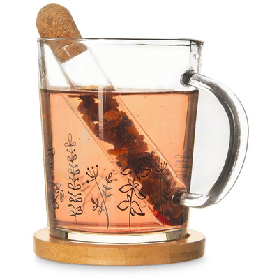 Glasbecher Becher Teebecher Teeglas Kaffeetasse Teetasse mit Teesieb und Bambus-Untersetzer Pflanzenmotiv 3 El. 400 ml