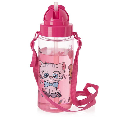 Trinkflasche Kinderflasche Wasserflasche mit Strohhalm und Tragegurt rosa Katzen TRITAN 490 ml