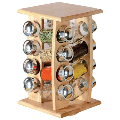 Spice Rack with Jars Wooden Rotating 16 pcs