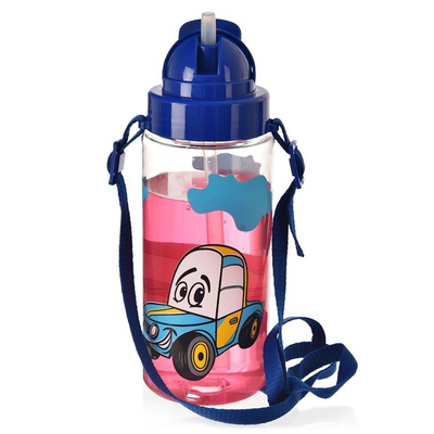 Trinkflasche Kinderflasche Wasserflasche mit Strohhalm und Tragegurt blau Auto TRITAN 490 ml