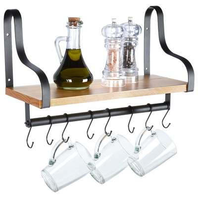 Wall Mounted Shelf with Rail and Hooks Wooden 43x18x26 cm