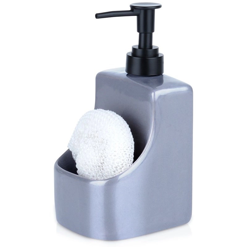Spülmittelspender mit Schwammhalter und Schwamm Küchenseifenspender aus Keramik grau 400 ml