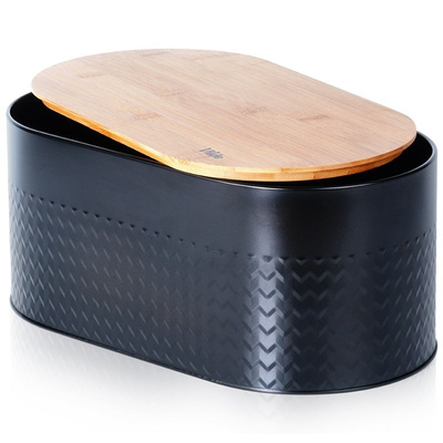 Bread Bin Steel with wooden board Black 34x18,5x15,5 cm