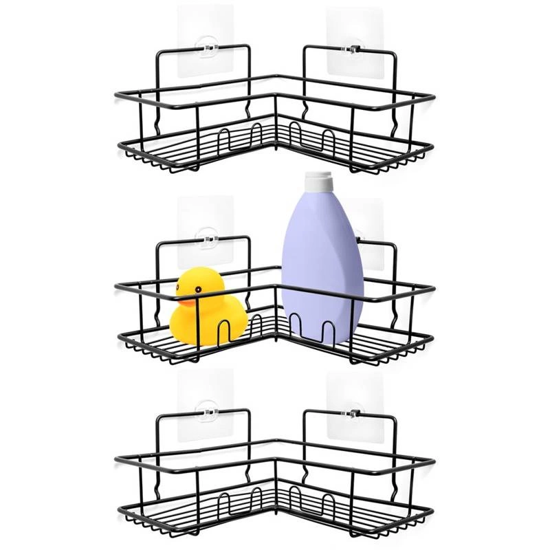 Półka łazienkowa narożna przyklejana pod prysznic metalowa czarna zestaw 3 szt.
