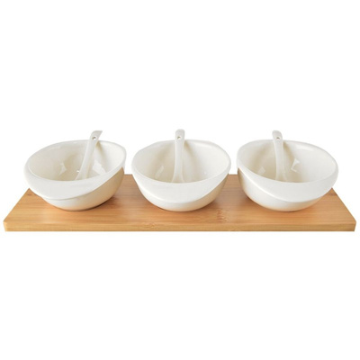 Snack Bowls with Spoons Porcelain White on a Tray WHITELINE 32 cm 7 pcs