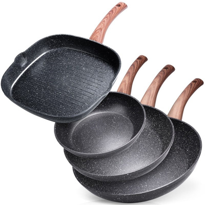 Pfannen-Set mit Granitbeschichtung Bratpfanne 20 / 24 / 28 + Grillpfanne 28x28 cm BLACK&WOOD 4 Stk.